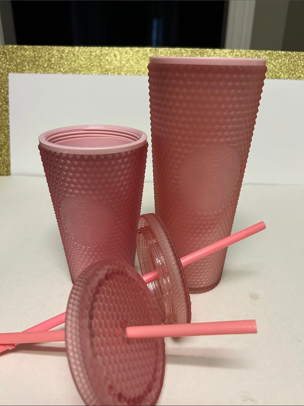 Bundle of 2 Starbucks Matte Pink Studded Reusable Tumbler Set with Straws